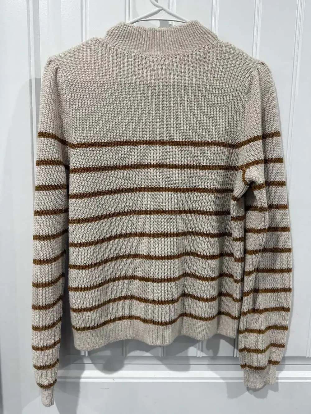 Garnet Hill Wool Linen Striped Puff Sleeve Mock Neck Sweater Medium Cozy - Picture 3 of 7